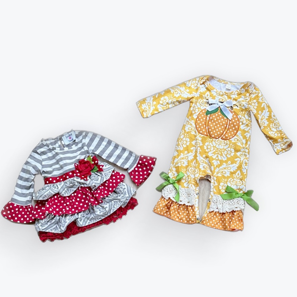 Bundle of 2 Infant Girl Fall & Winter Polka Dots Long-Sleeve Outfits ~ 0-6 M